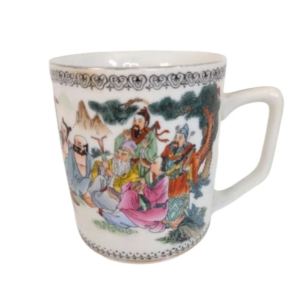 Vintage Chinese coffee mug hand painted gold trim 8 immortals tea cup